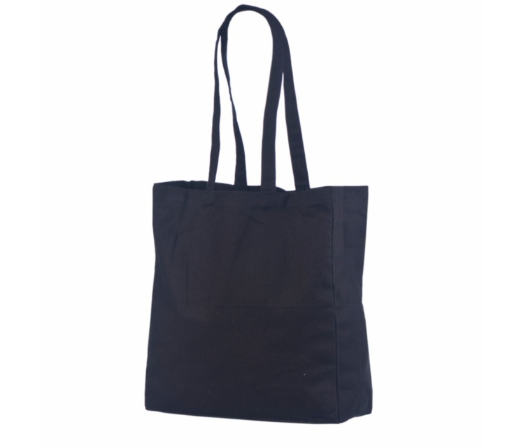 Musta värvi küljevoldiga riidest kott Mõõdud 38x10x42 cm.
