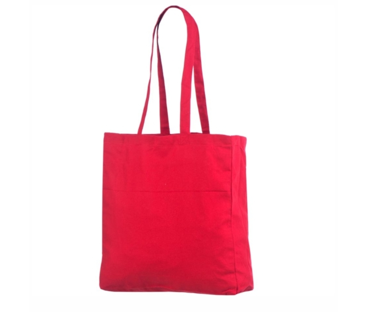 Punast värvi küljevoldiga riidest kott. Mõõdud 38x10x42 cm.