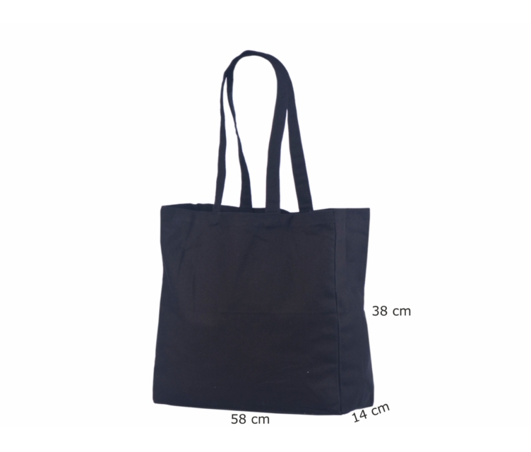 Musta värvi laia põhjaga, küljevoldiga riidest kott